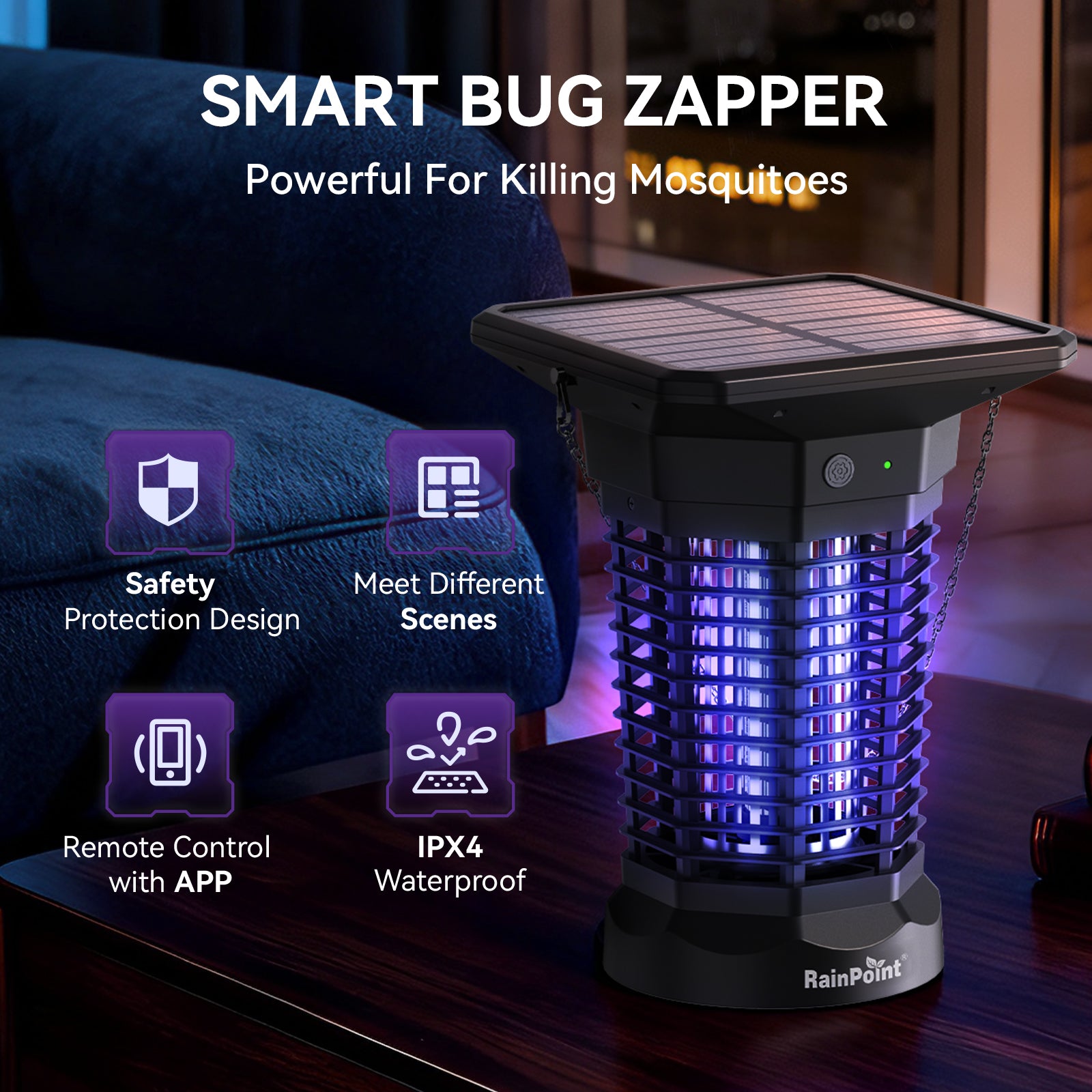 RainPoint Solar Bug Zapper Outdoor – 3000V Electric Grid, Cordless, Day & Night Protection