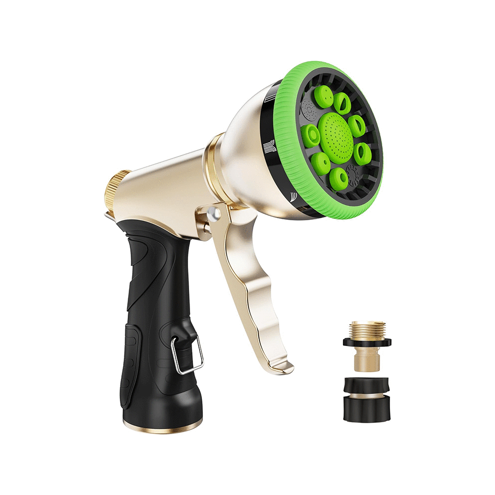 Garden hose spray nozzle with multiple settings and a connector attachment.