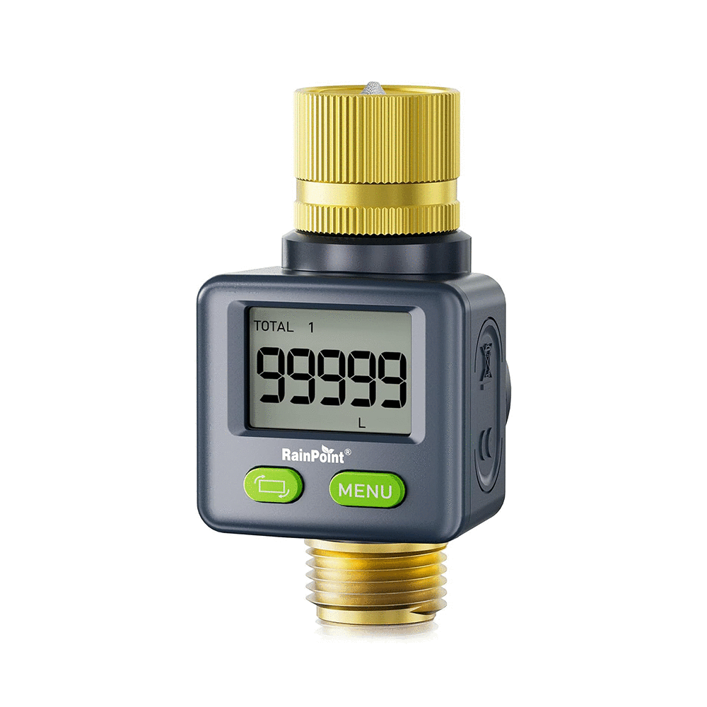 Digital flow meter with a brass connector and display showing measurements.