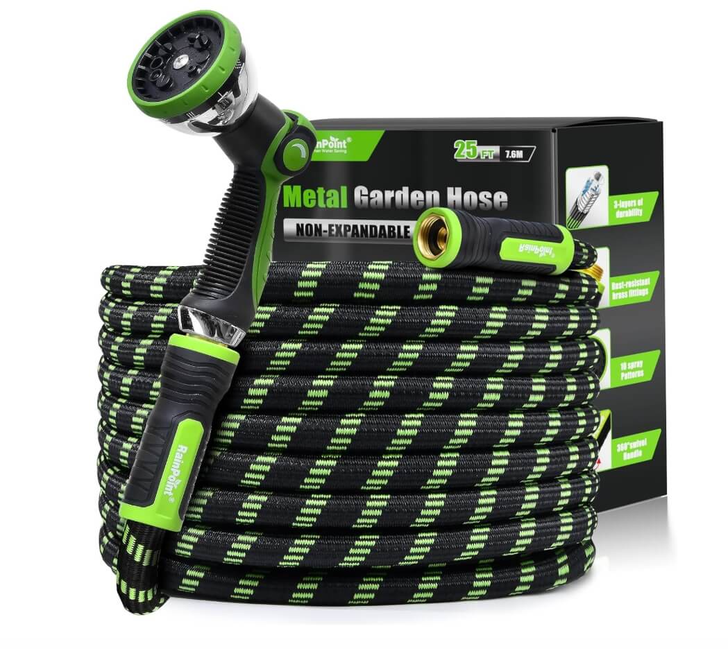 RAINPOINT Metal Garden Hose 25 ft - No-kink 304 Steel Water Hose