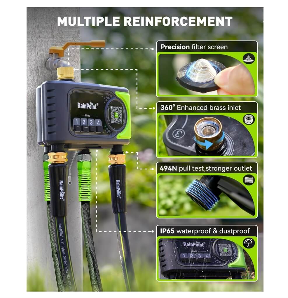 RAINPOINT with Brass Inlet 4-Zone WiFi Sprinkler Timer
