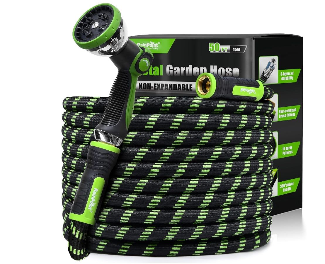 RAINPOINT Metal Garden Hose 50 ft - No-kink 304 Water Hose