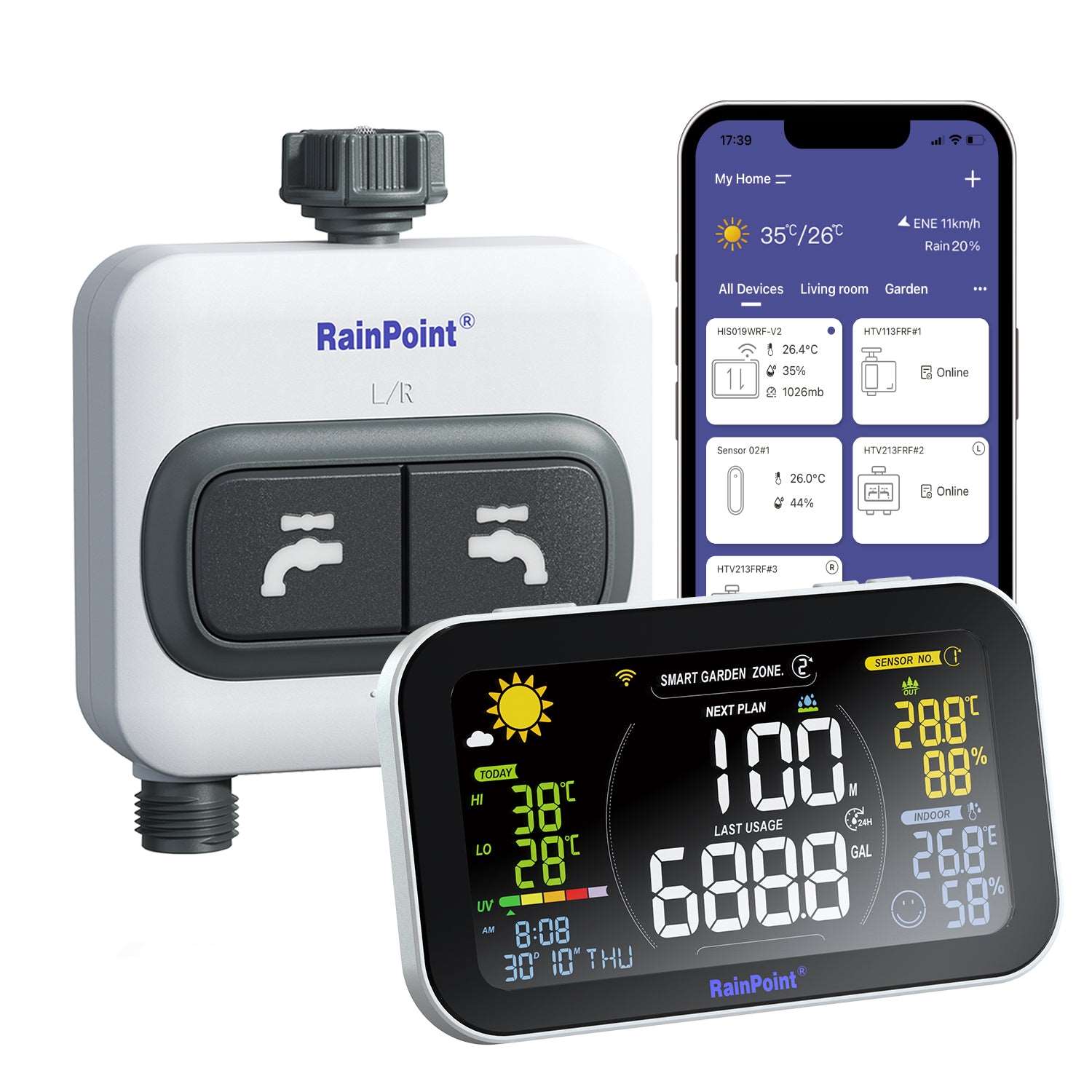 RAINPOINT 2-Zone WiFi Sprinkler Timer - Temperature/Humidity Alert, 6 Separate Plan, Watering by Gallon/Time, Irrigation & Mist Mode - Smart Irrigation Controller WIFI Water Timer with Weather Station