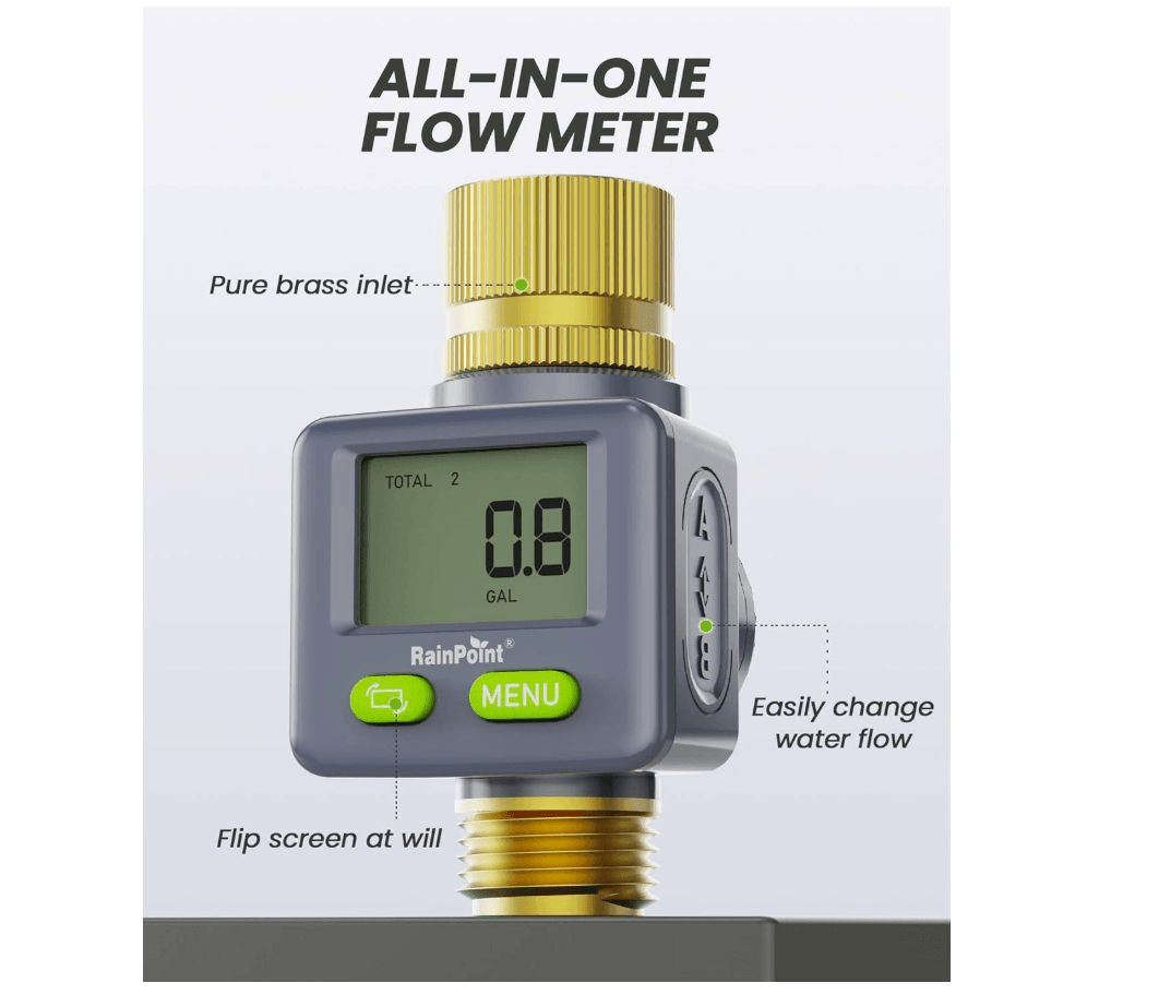RAINPOINT Water Flow Meter with Brass Inlet & Outlet, 2pcs