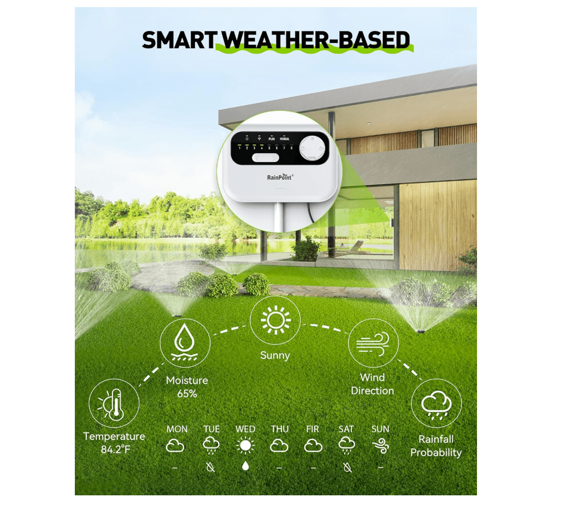 RAINPOINT Sprinkler Controller 8 Zone, Local Weather-Based Smart Irrigation Controller, WiFi Sprinkler Timer for Sprinkler System,Yard,Lawn
