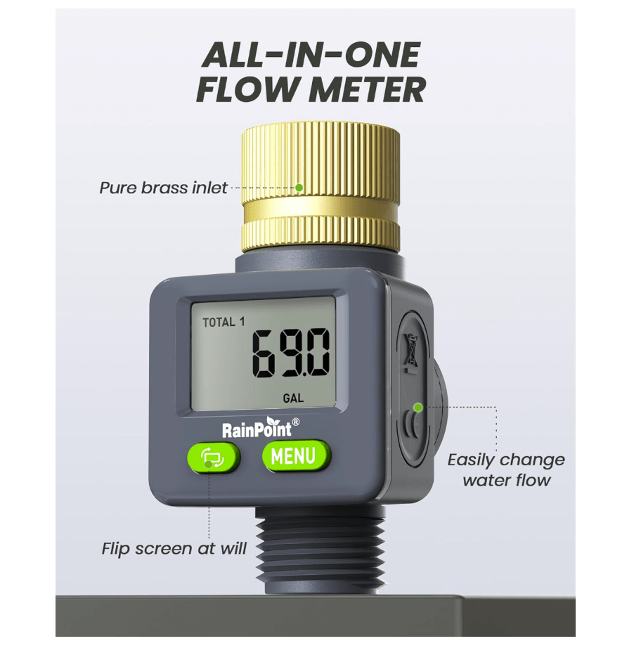 Rainpoint Water Flow Meter with Brass Inlet,Garden Hose, Sprinkler & Nozzle Sprayer