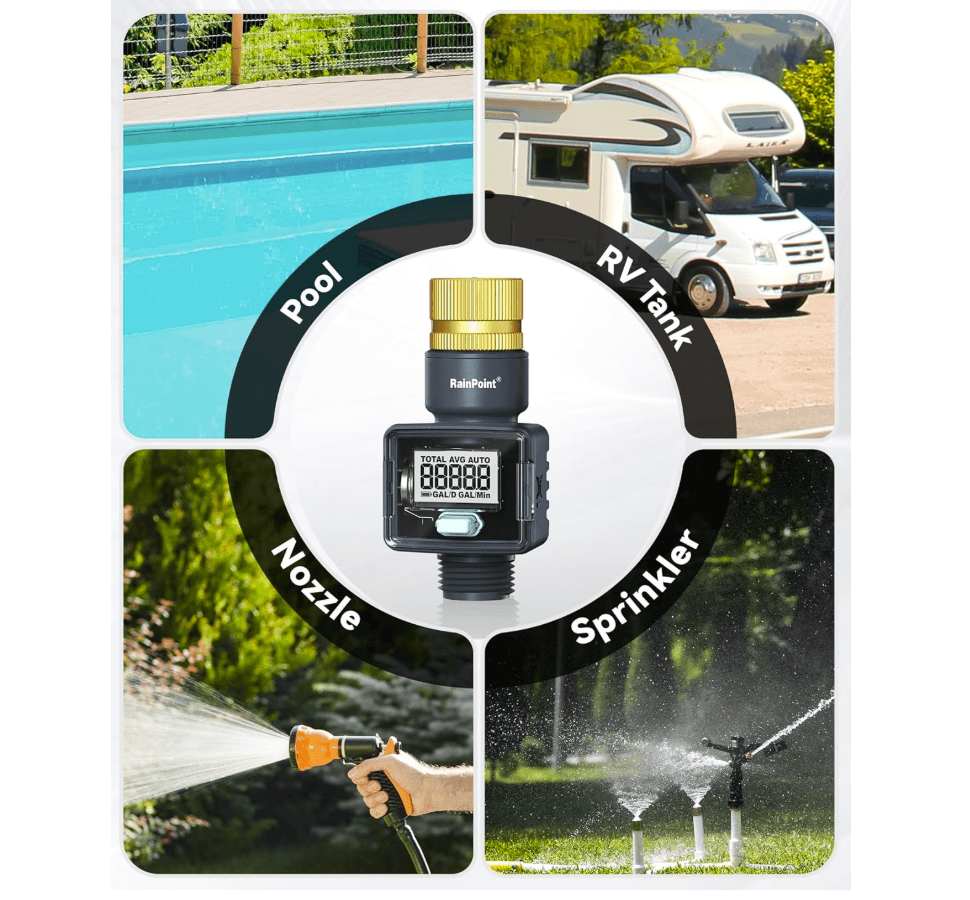 RAINPOINT Water Flow Meter with Brass Inlet, Garden Hose Watering, Lawn Sprinkler & Nozzle Sprayer