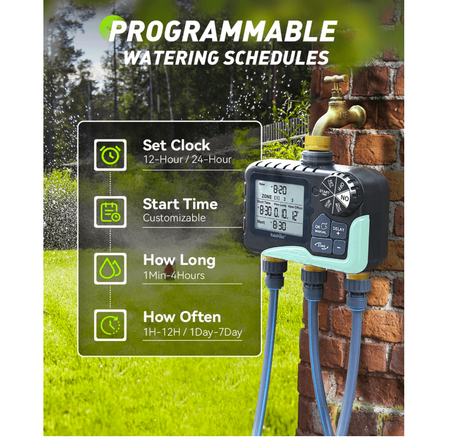 RAINPOINT 3-Zone Water Timer with Brass Inlet & Outlet