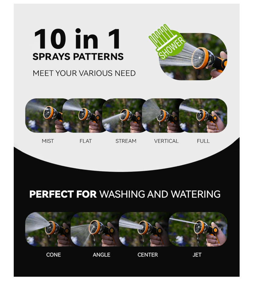 RAINPOINT Spray Nozzles for Garden Hose - 10 Spray Patterns (2 Packs, Orange)