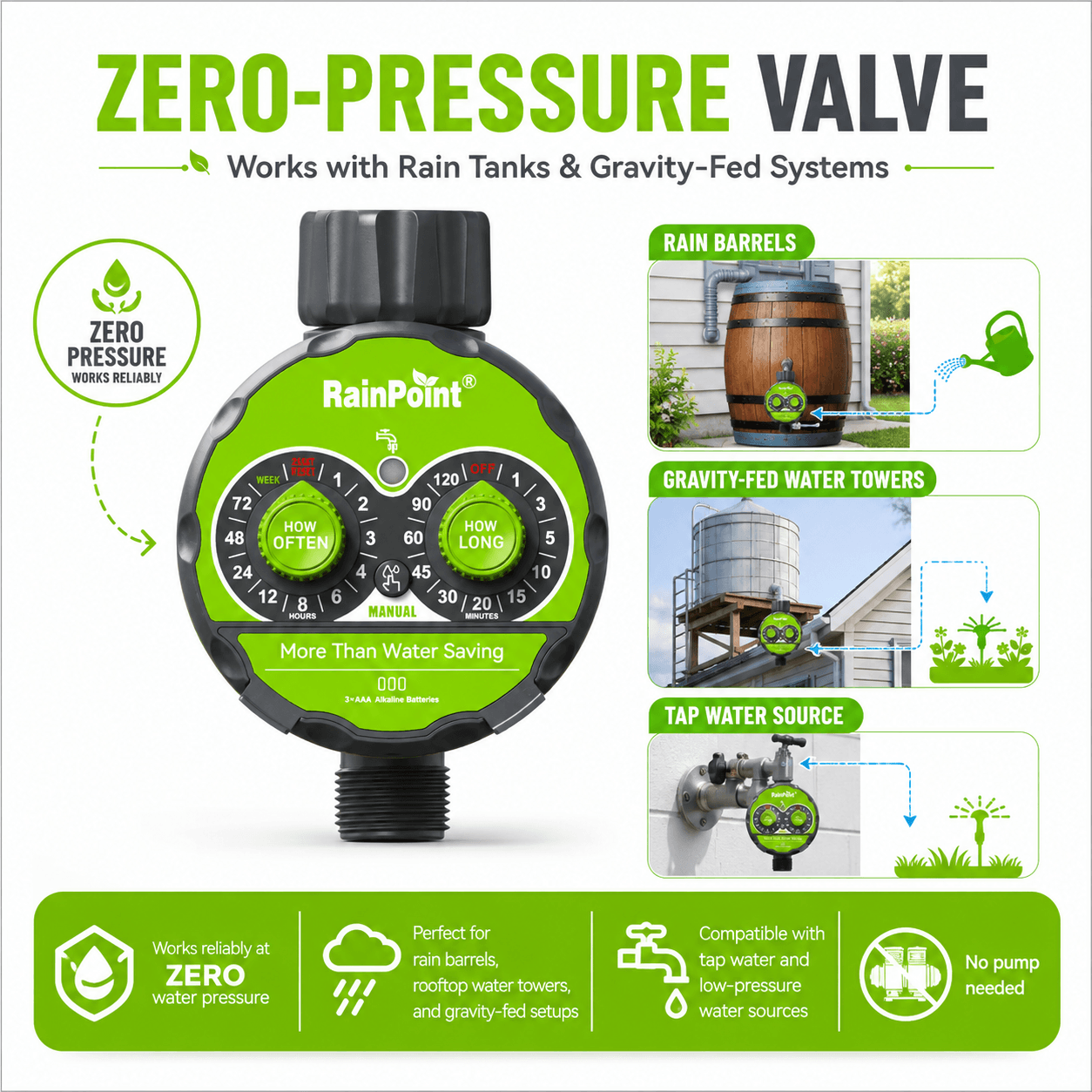 RainPoint FreeFlow Water Timer – Gravity Drip Irrigation for Rain Tanks & Pots, Battery-Powered, IPX5