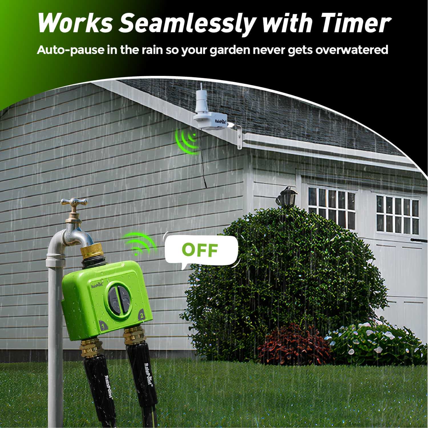 Green garden timer device with rain sensor, preventing overwatering.