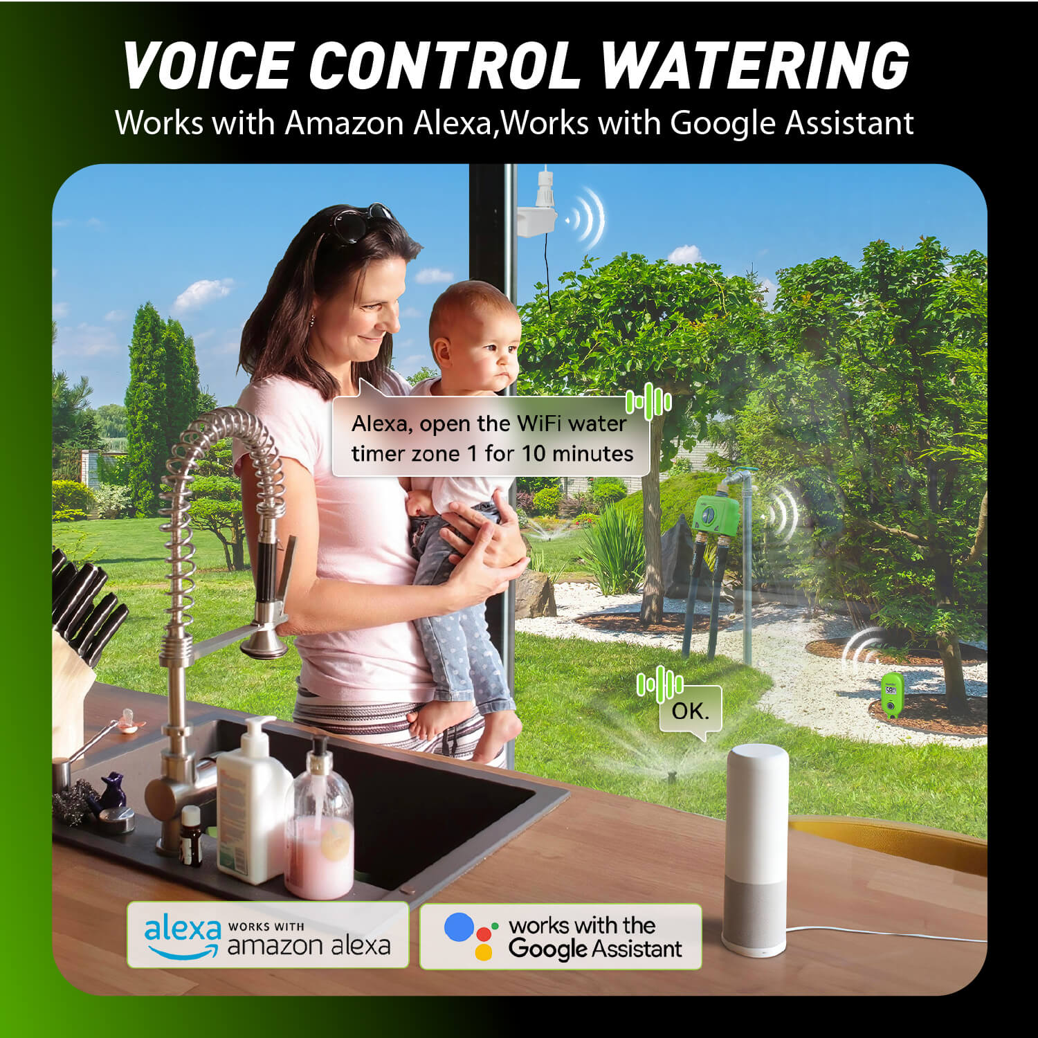 Woman with child at a kitchen counter, featuring voice control watering devices.