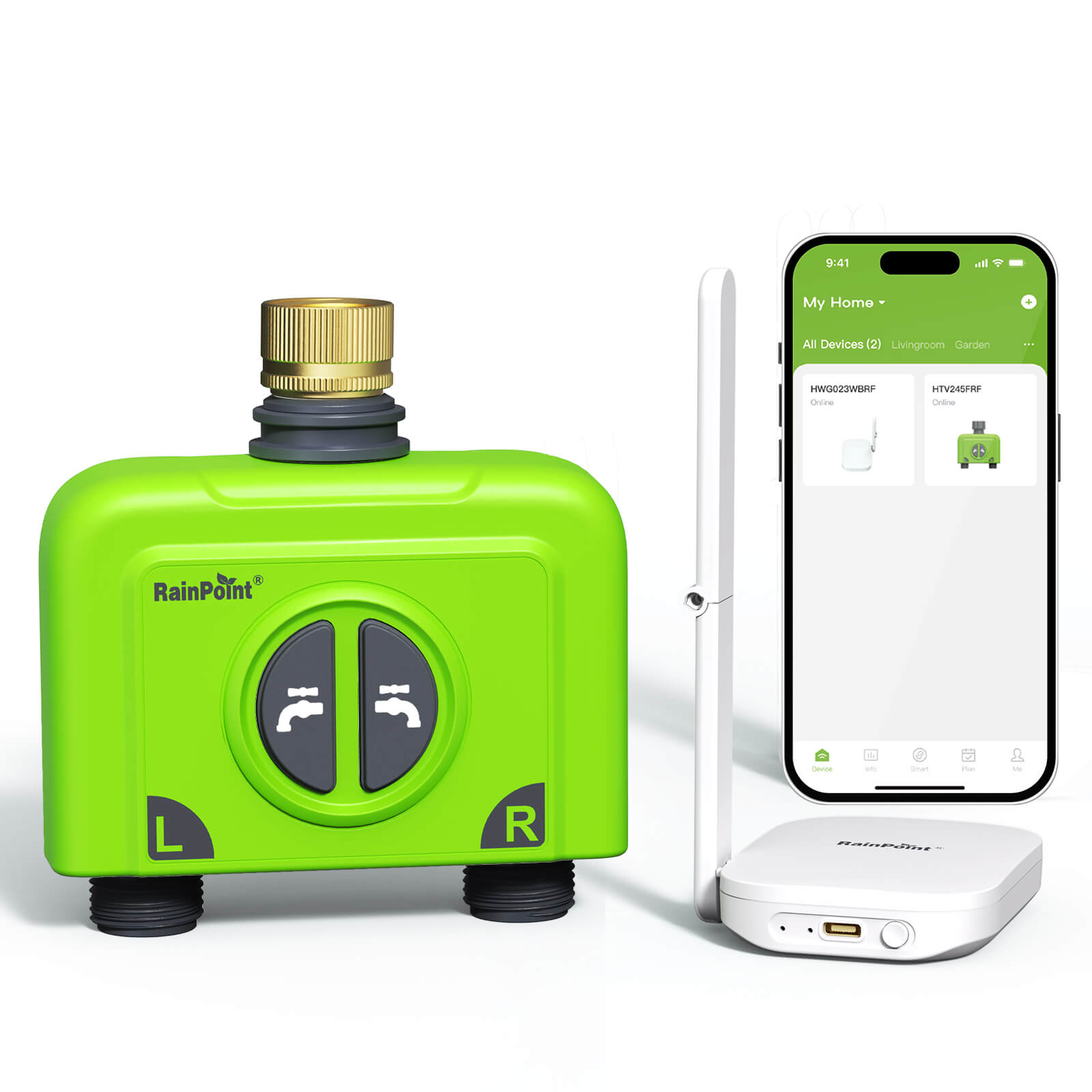 RainPoint With Brass Inlet 2-Zone Smart Hose Timer with Antenna Gateway