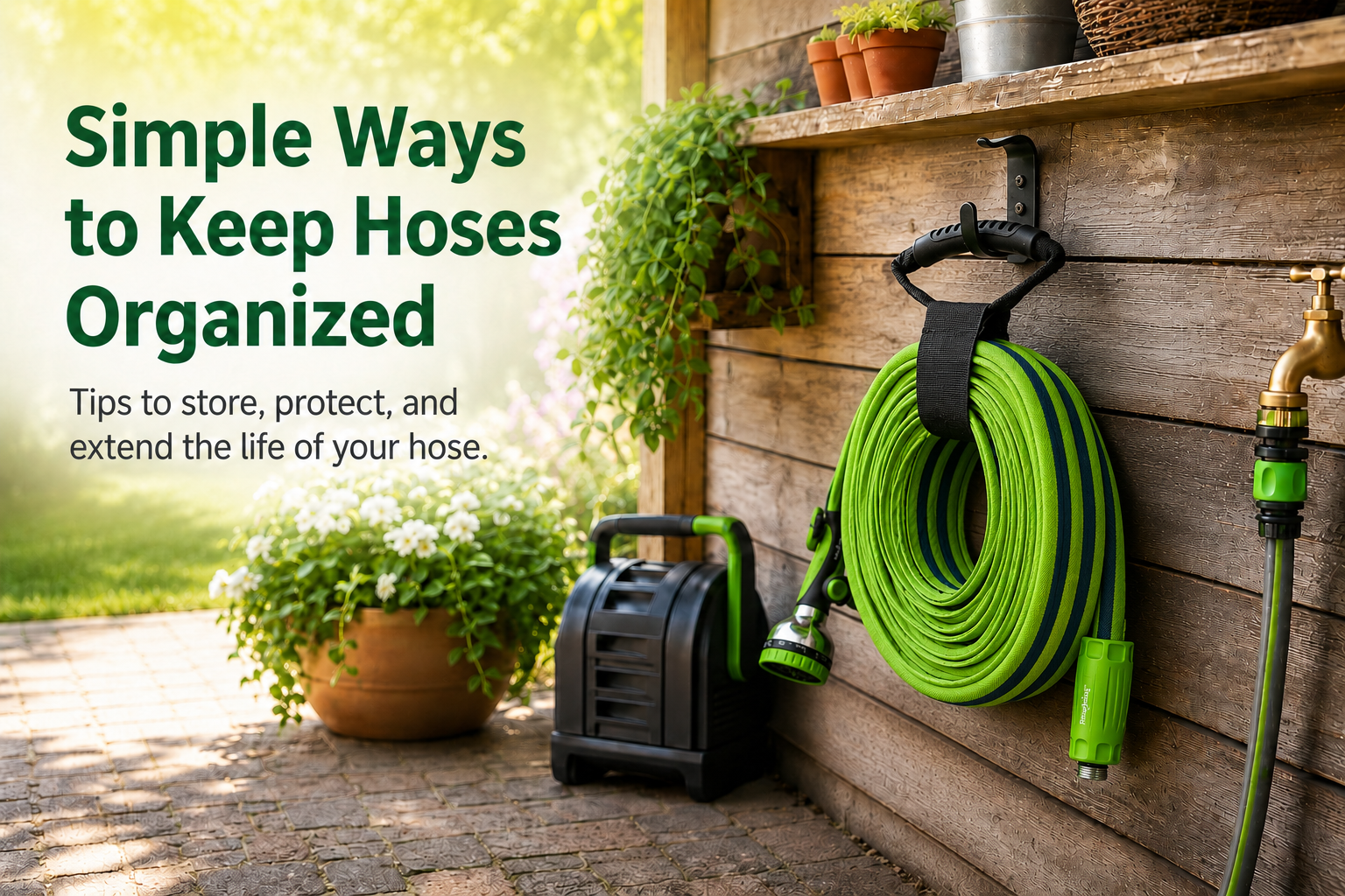 Garden hose neatly stored on a wall-mounted hose hanger