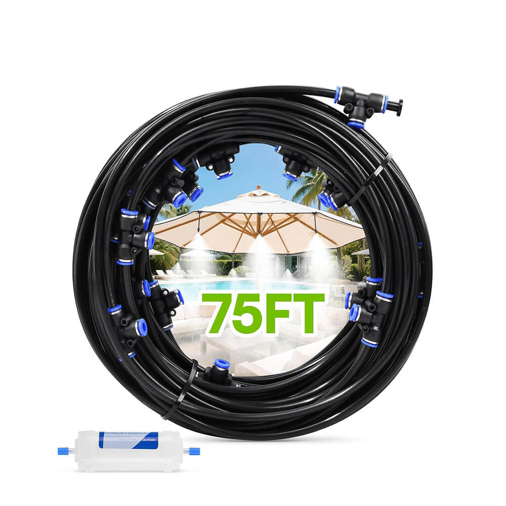 RAINPOINT 75FT Outdoor Misting System Kit - 22 Nozzles with Water Filter for Patio, Garden &amp; Deck Cooling