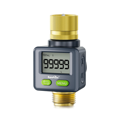 Digital flow meter with a brass connector and display showing measurements.