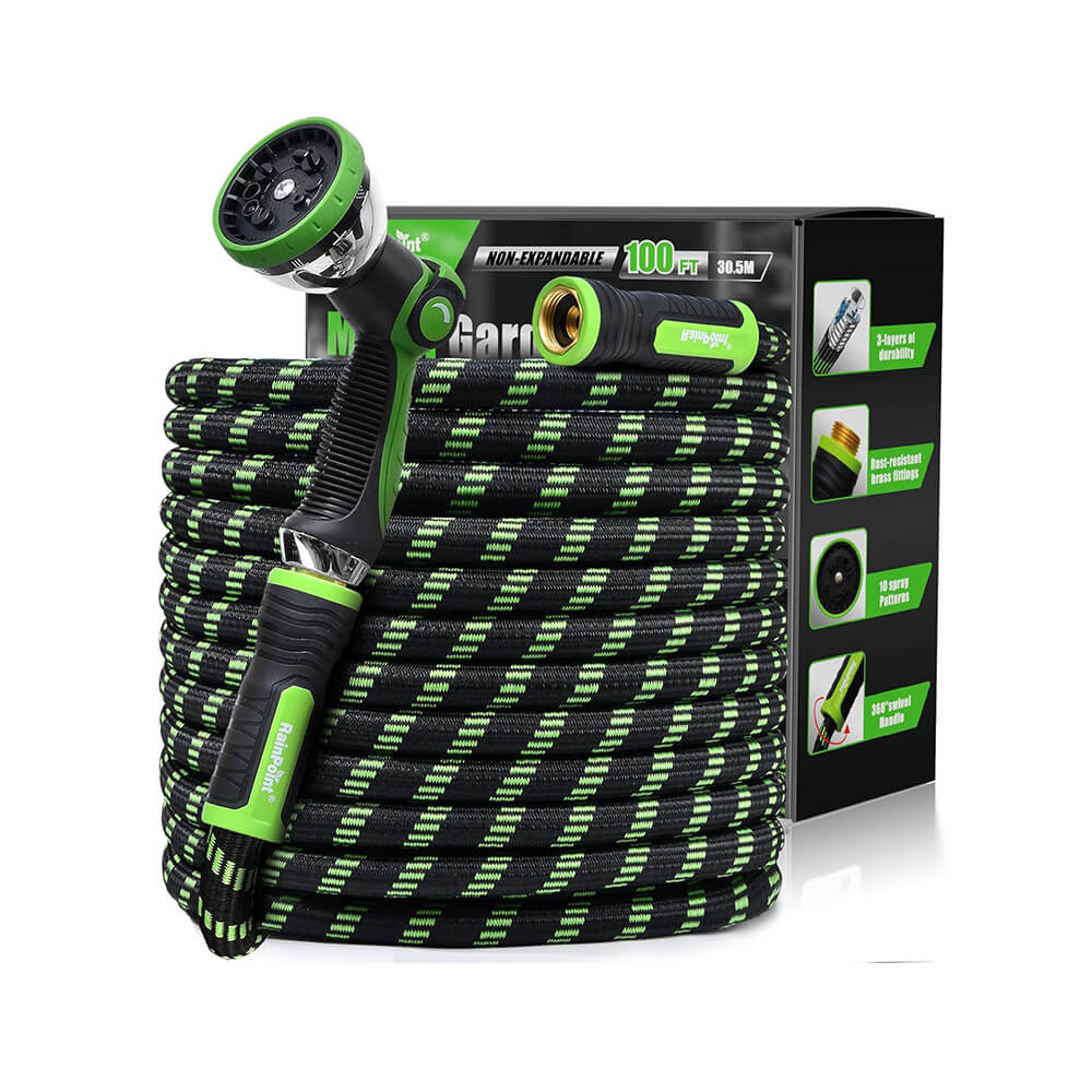 Garden hose with nozzle, coiled and packaged for sale.