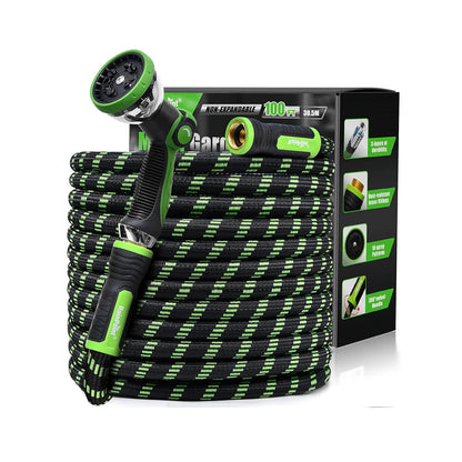 Garden hose with nozzle, coiled and packaged for sale.