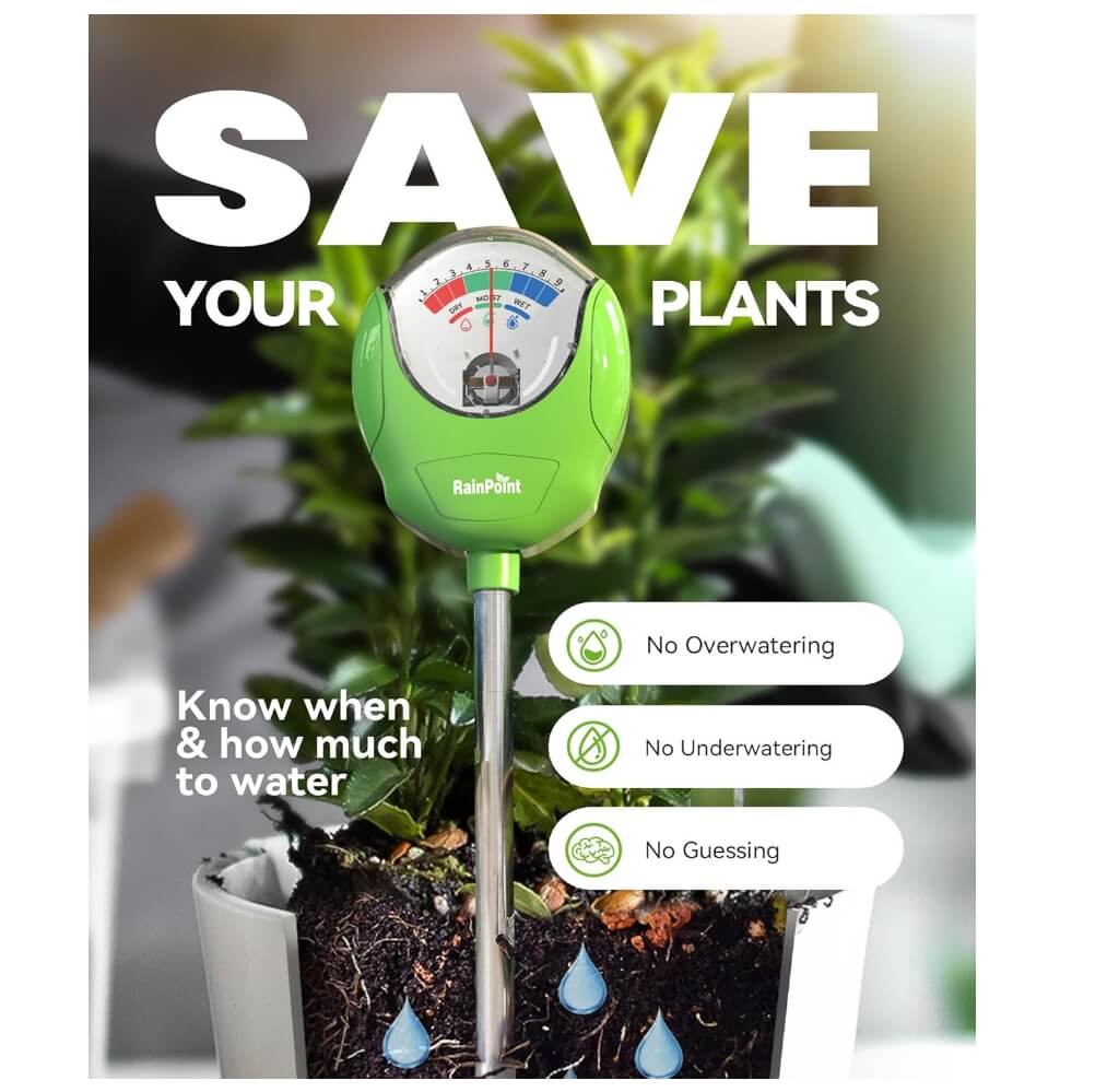 RAINPOINT Soil Moisture Meter - No Batteries Needed for Indoor/Outdoor Plants (Green)