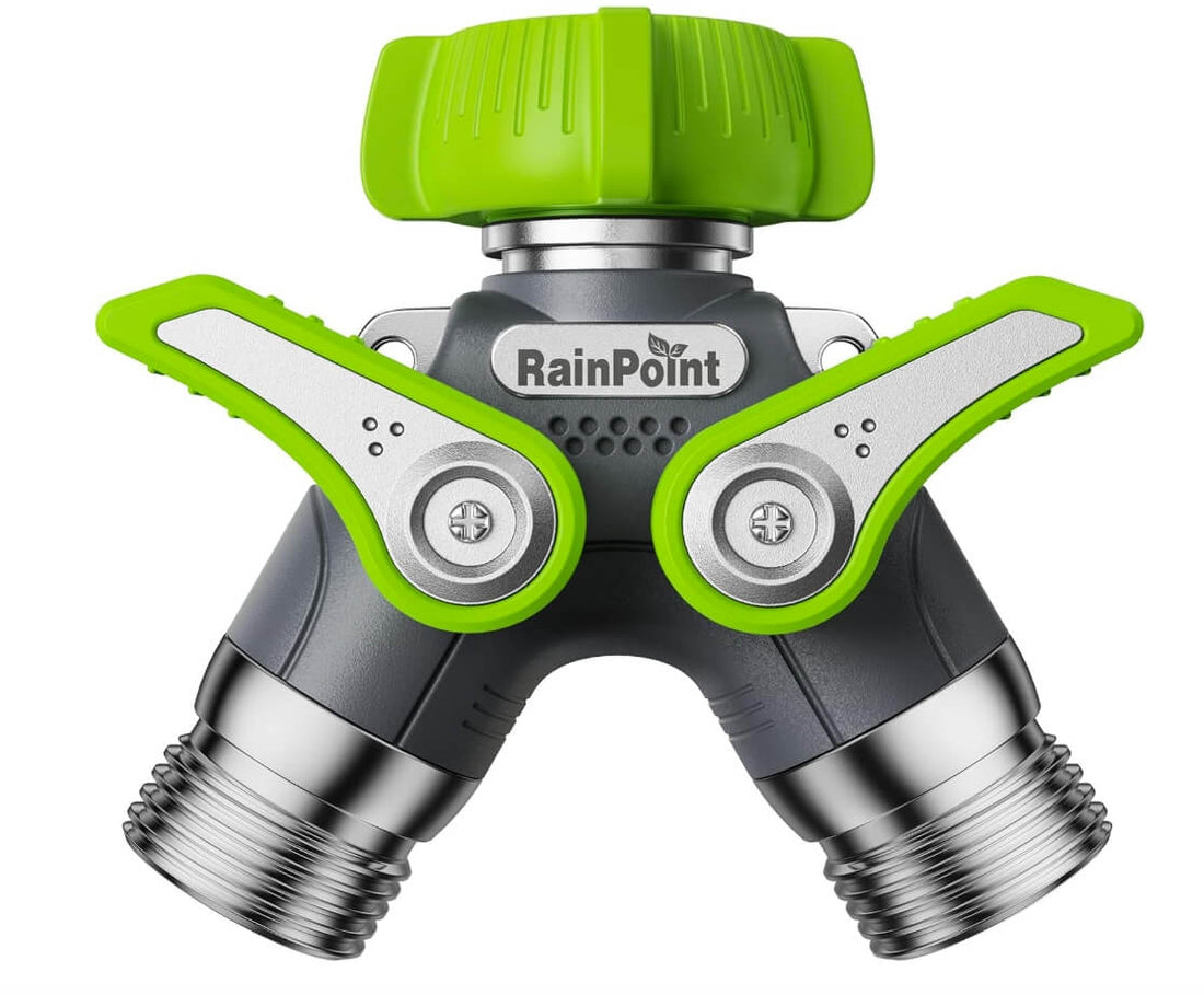 RAINPOINT Garden Hose Splitter, 2 Way Heavy Duty Water Hose Y Spigot Splitter with Shutoff Valves(Green)