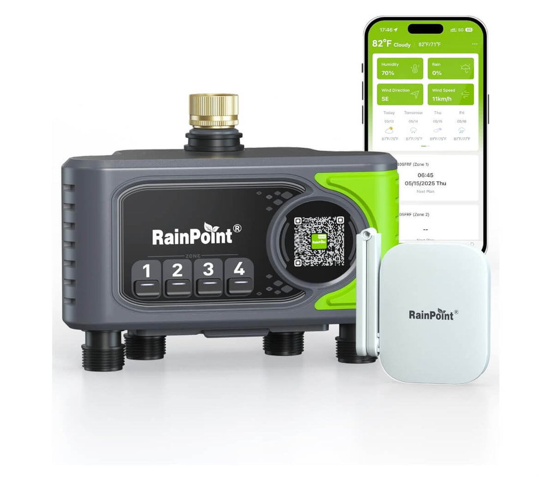RAINPOINT WiFi Sprinkler Timer 4 Zone, Outdoor Water Timer for Garden Hose with Brass Inlet, Custom Programs via APP/Voice Control for Automatic Watering System
