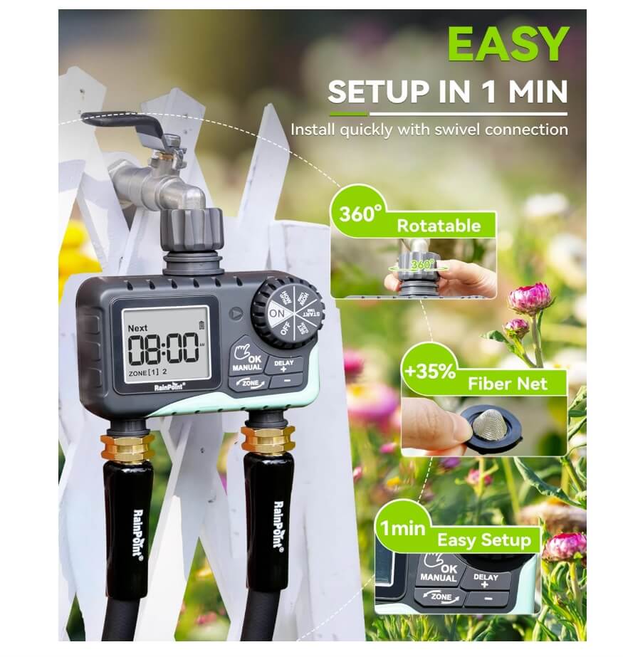 RainPoint 2-Zone Digital Sprinkler Timer, Hose Water Timer