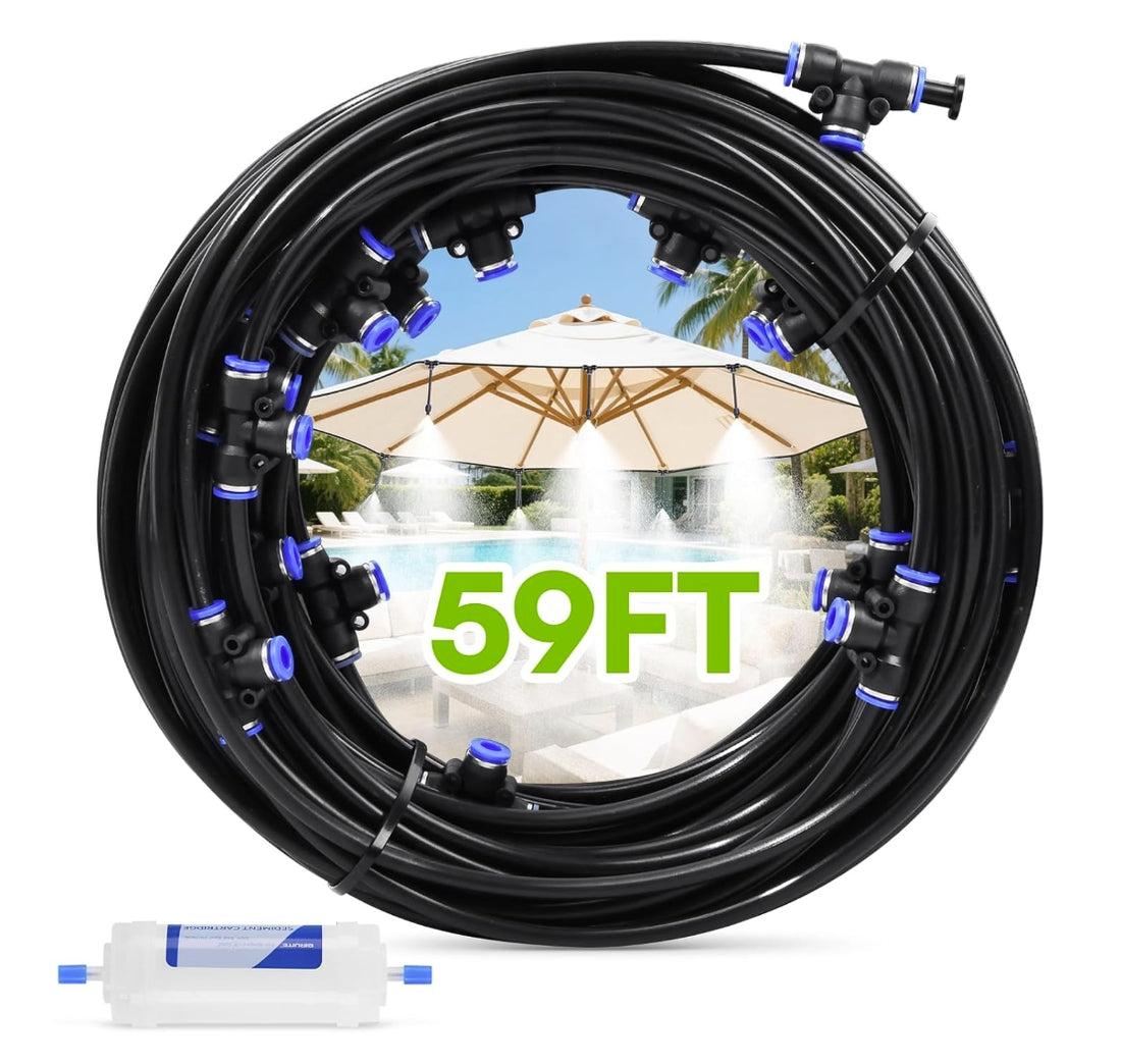 RAINPOINT 59FT Outdoor Misting Kit with 17 Nozzles &amp; Filter - Patio, Backyard Cooling System