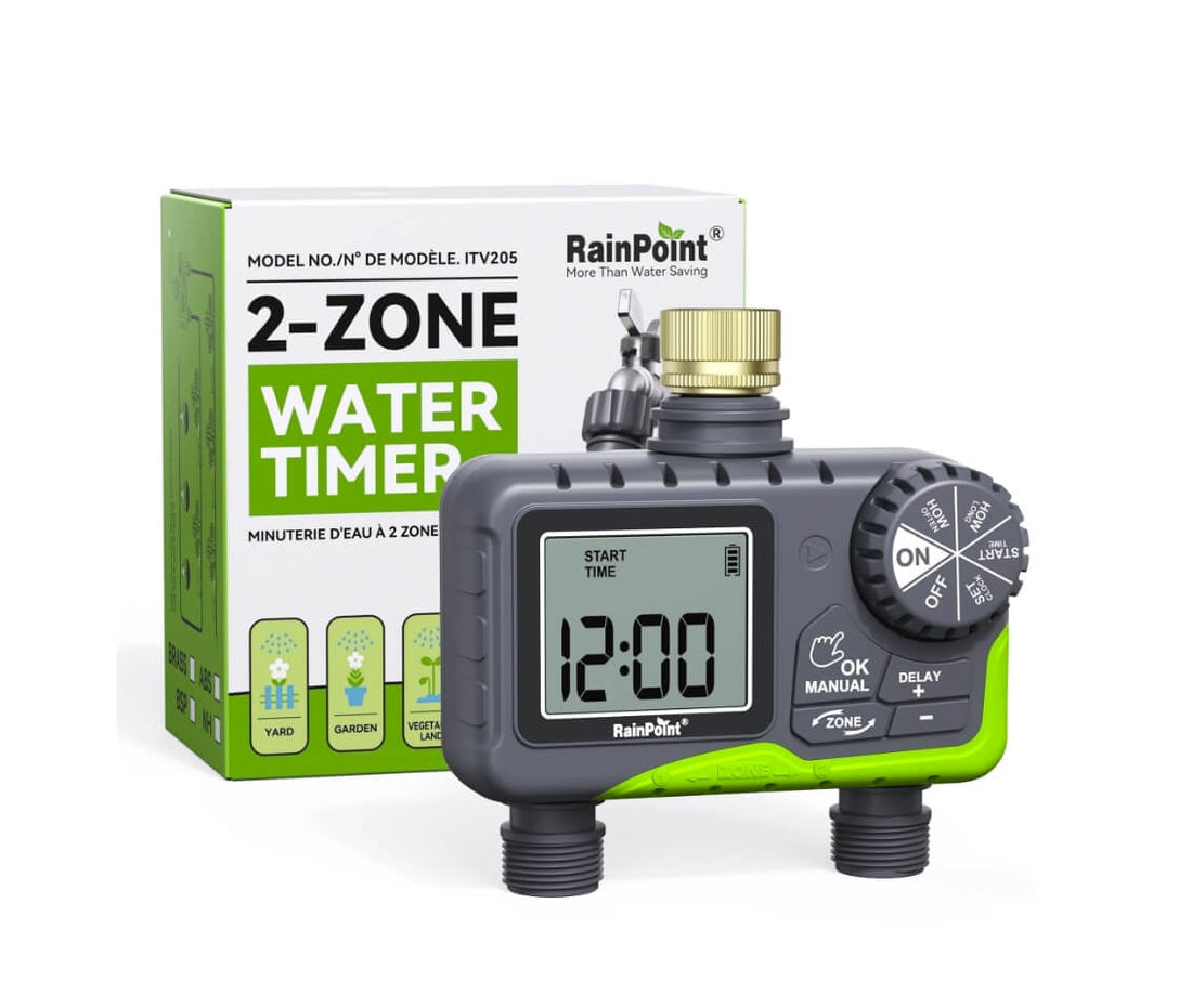 RainPoint Outdoor Sprinkler Timer with Dual Zones (Green, Brass Inlet)