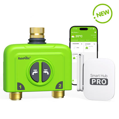 Smart irrigation controller with app integration and wireless hub.