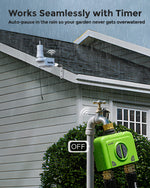 Irrigation system with timer, preventing overwatering during rain.