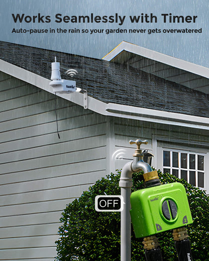 Irrigation system with timer, preventing overwatering during rain.