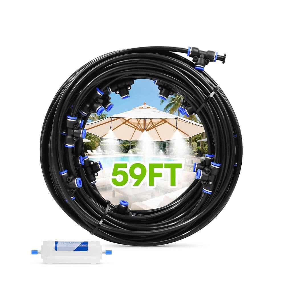 RAINPOINT 59FT Outdoor Misting Kit with 17 Nozzles & Filter - Patio, Backyard Cooling System
