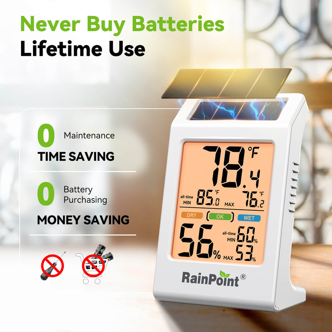 RainPoint Solar Hygrometer – Large Display, Comfort Indicator, Max/Min Memory