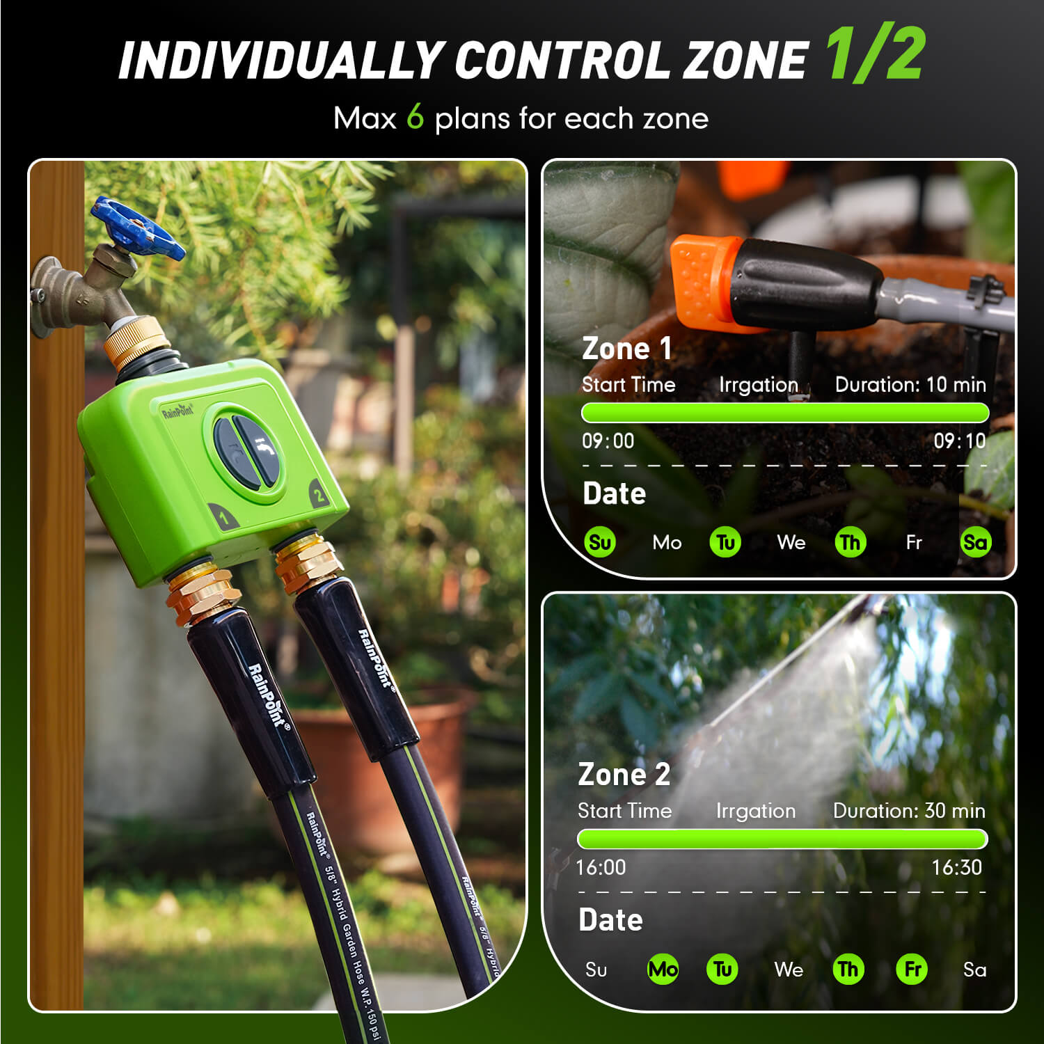 Irrigation control system with settings for multiple zones and timers.