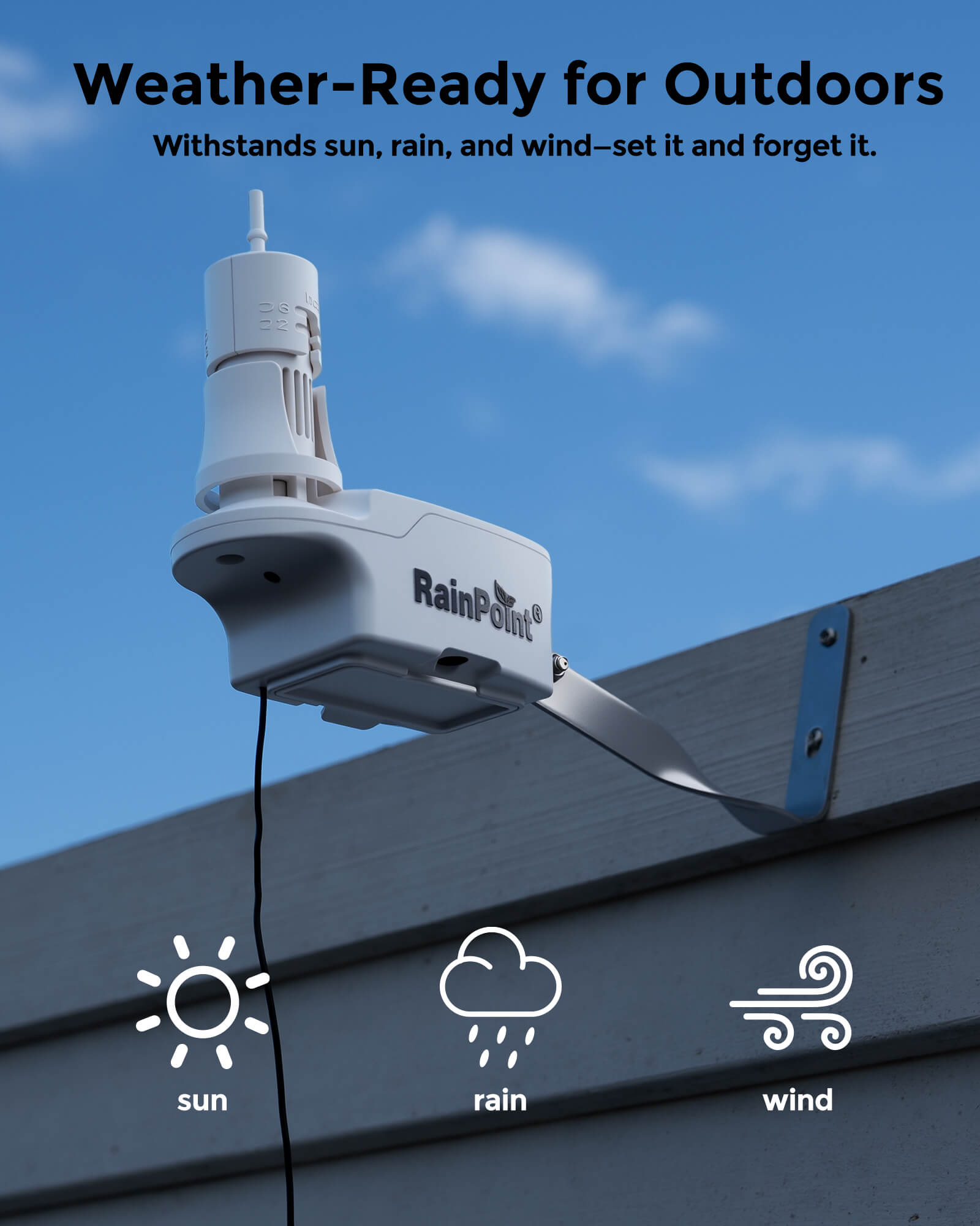 Weather-ready outdoor device with icons for sun, rain, and wind.