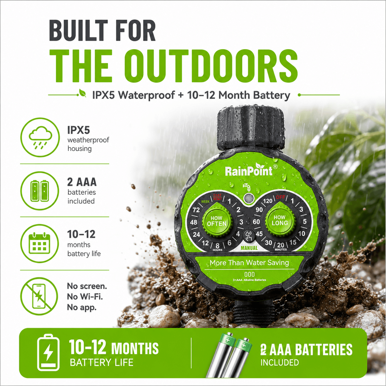 RainPoint FreeFlow Water Timer – Gravity Drip Irrigation for Rain Tanks &amp; Pots, Battery-Powered, IPX5