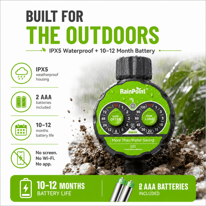 RainPoint FreeFlow Water Timer – Gravity Drip Irrigation for Rain Tanks &amp; Pots, Battery-Powered, IPX5