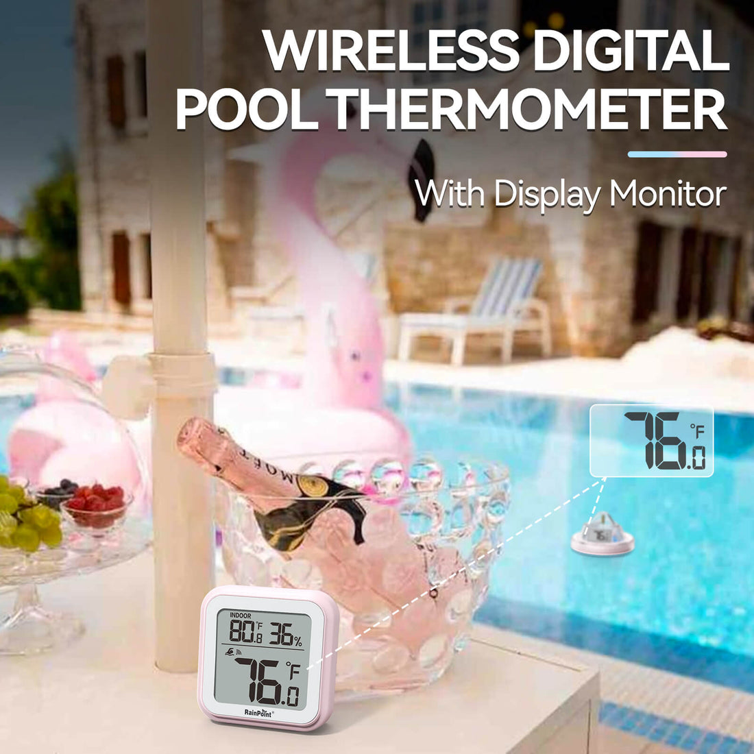 RAINPOINT Anti-Fog 360° Reading 3 Large Letters Displays Wireless Digital Pool Thermometer -Pink