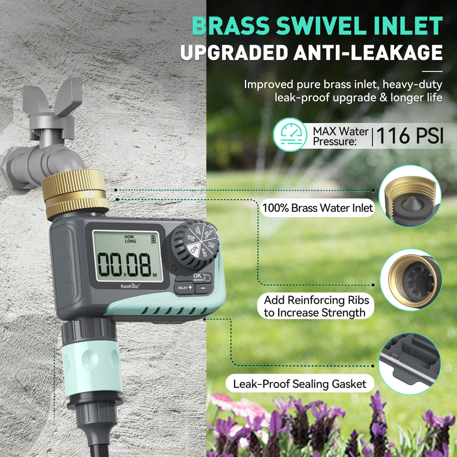 RainPoint Sprinkler Timer with Brass Inlet &amp; Outlet