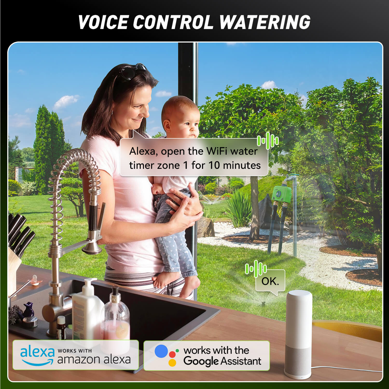 Woman using voice control to manage watering with a child nearby.