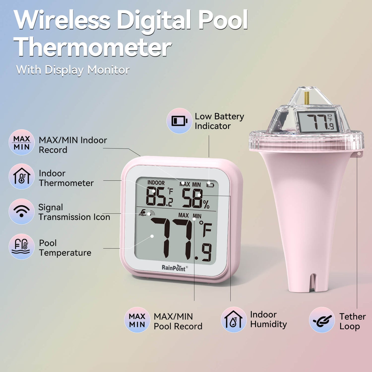 RAINPOINT Anti-Fog 360° Reading 3 Large Letters Displays Wireless Digital Pool Thermometer -Pink
