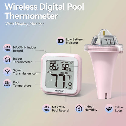 RAINPOINT Anti-Fog 360° Reading 3 Large Letters Displays Wireless Digital Pool Thermometer -Pink