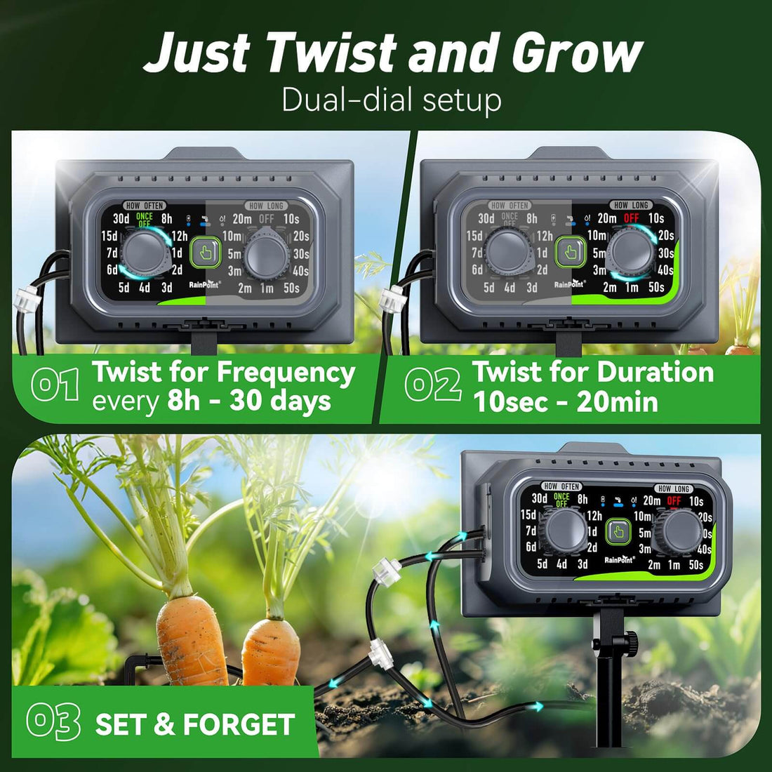 RAINPOINT Solar &amp; USB-C Automatic Drip Irrigation Kit: Rechargeable Plant Waterer for 10-20 Plants, Indoor/Outdoor Garden, Balcony, Greenhouse