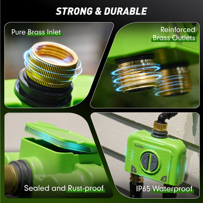 Strong and durable components including brass inlet, outlets, and waterproof features.