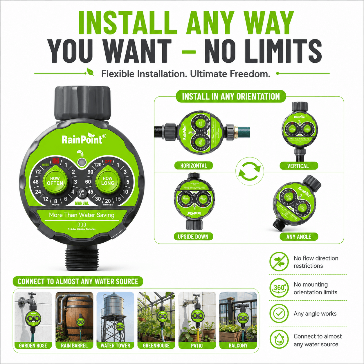 RainPoint FreeFlow Water Timer – Gravity Drip Irrigation for Rain Tanks &amp; Pots, Battery-Powered, IPX5