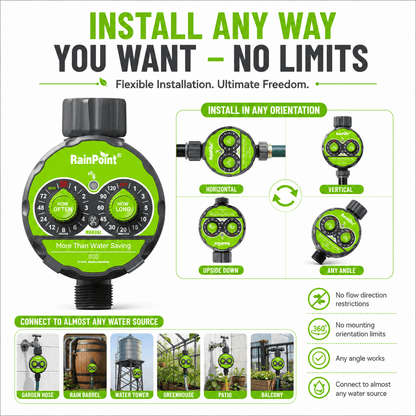 RainPoint FreeFlow Water Timer – Gravity Drip Irrigation for Rain Tanks &amp; Pots, Battery-Powered, IPX5