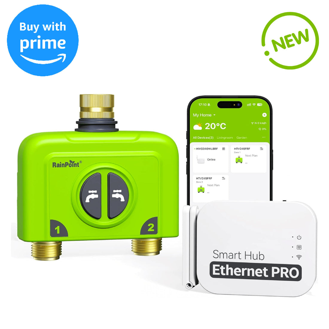 RAINPOINT 2 Zone  WiFi Water Timer for Garden Hose(Brass Inlet &amp; Outlet, Ethernet Gateway)