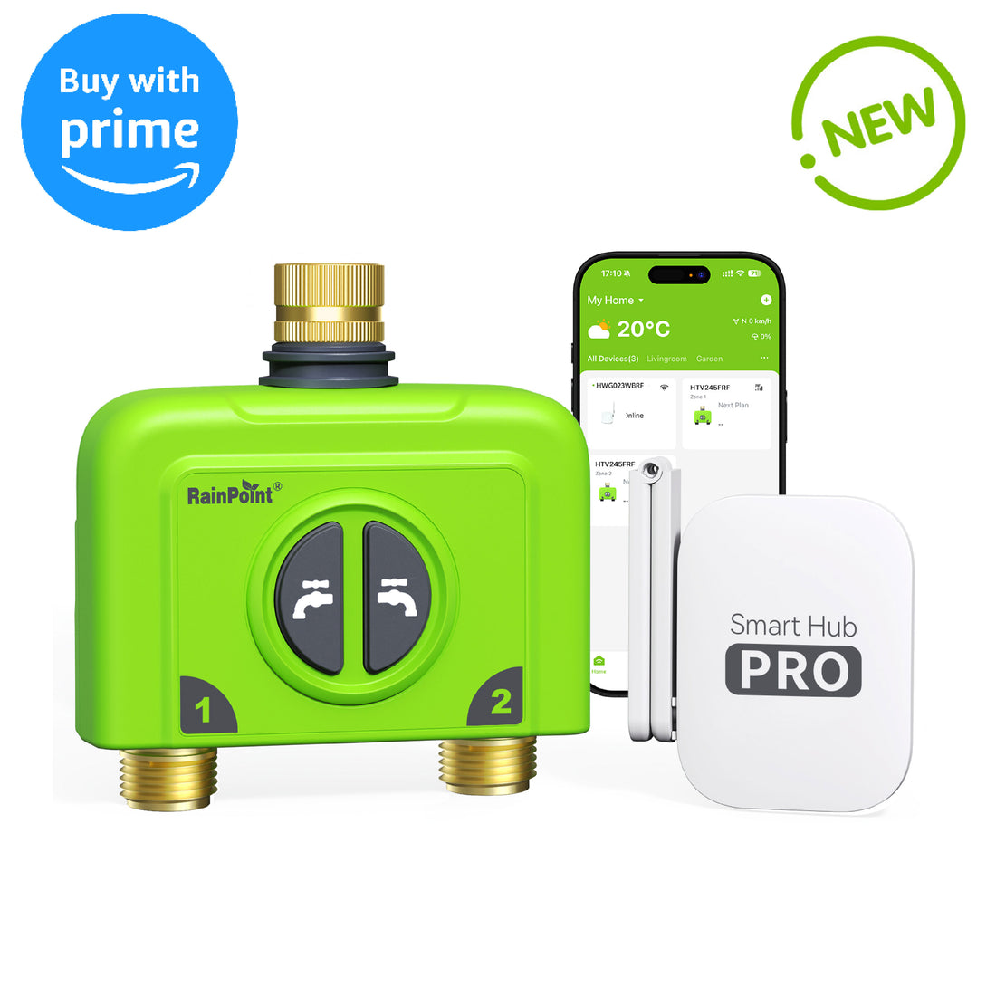RAINPOINT 2-Zone Smart WiFi Hose Timer with Brass Inlet &amp; Outlet