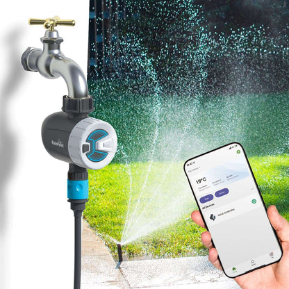 Easily connect the smart sprinkler timer to RainPoint APP via 2.4 GHz WiFi or Bluetooth (Up to 60 meters), then you can manage your watering schedule via your phone APP at any time.