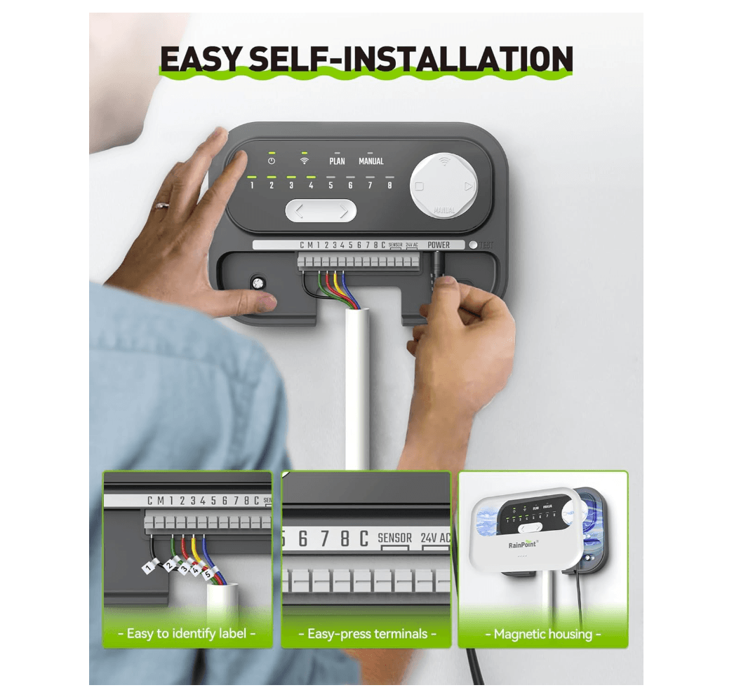 RAINPOINT Sprinkler Controller 8 Zone, Local Weather-Based Smart Irrigation Controller, WiFi Sprinkler Timer for Sprinkler System,Yard,Lawn